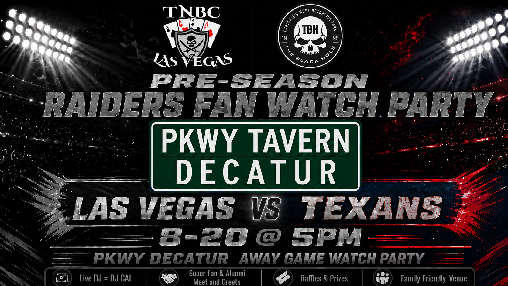 Raiders preseason watch party flyer for Thursday August 20 at PKWY Tavern Decatur in Las Vegas