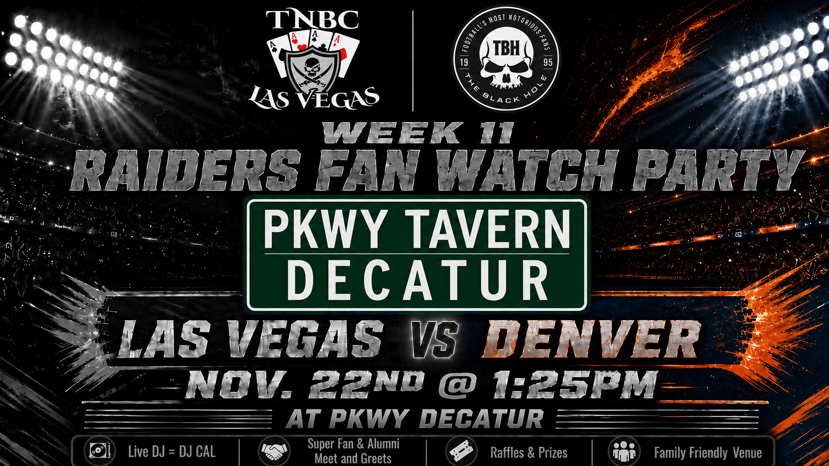 Raiders at Broncos watch party flyer for Sunday November 22 at PKWY Tavern Decatur in Las Vegas