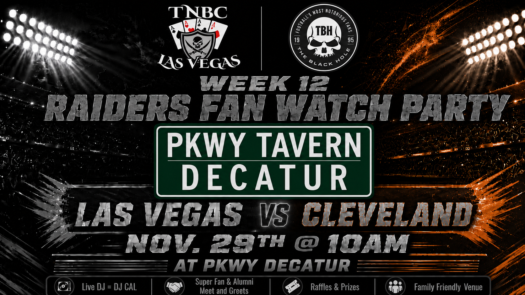Raiders at Browns watch party flyer for Sunday November 29 at PKWY Tavern Decatur in Las Vegas