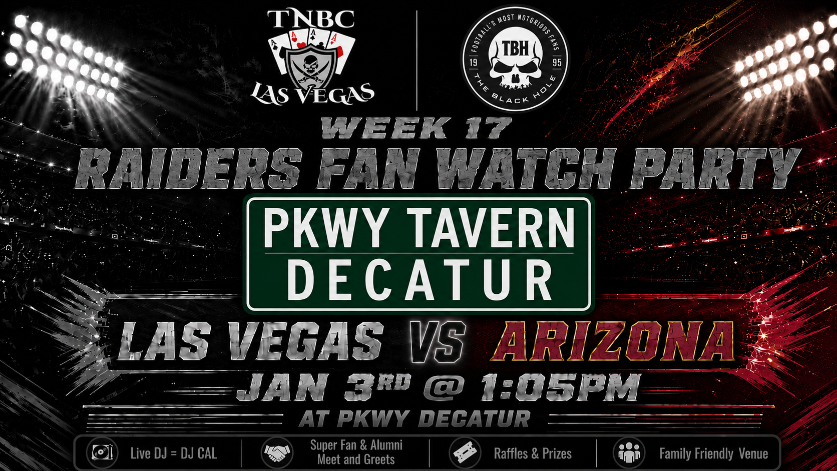 Raiders at Cardinals watch party flyer for Sunday January 3 at PKWY Tavern Decatur in Las Vegas
