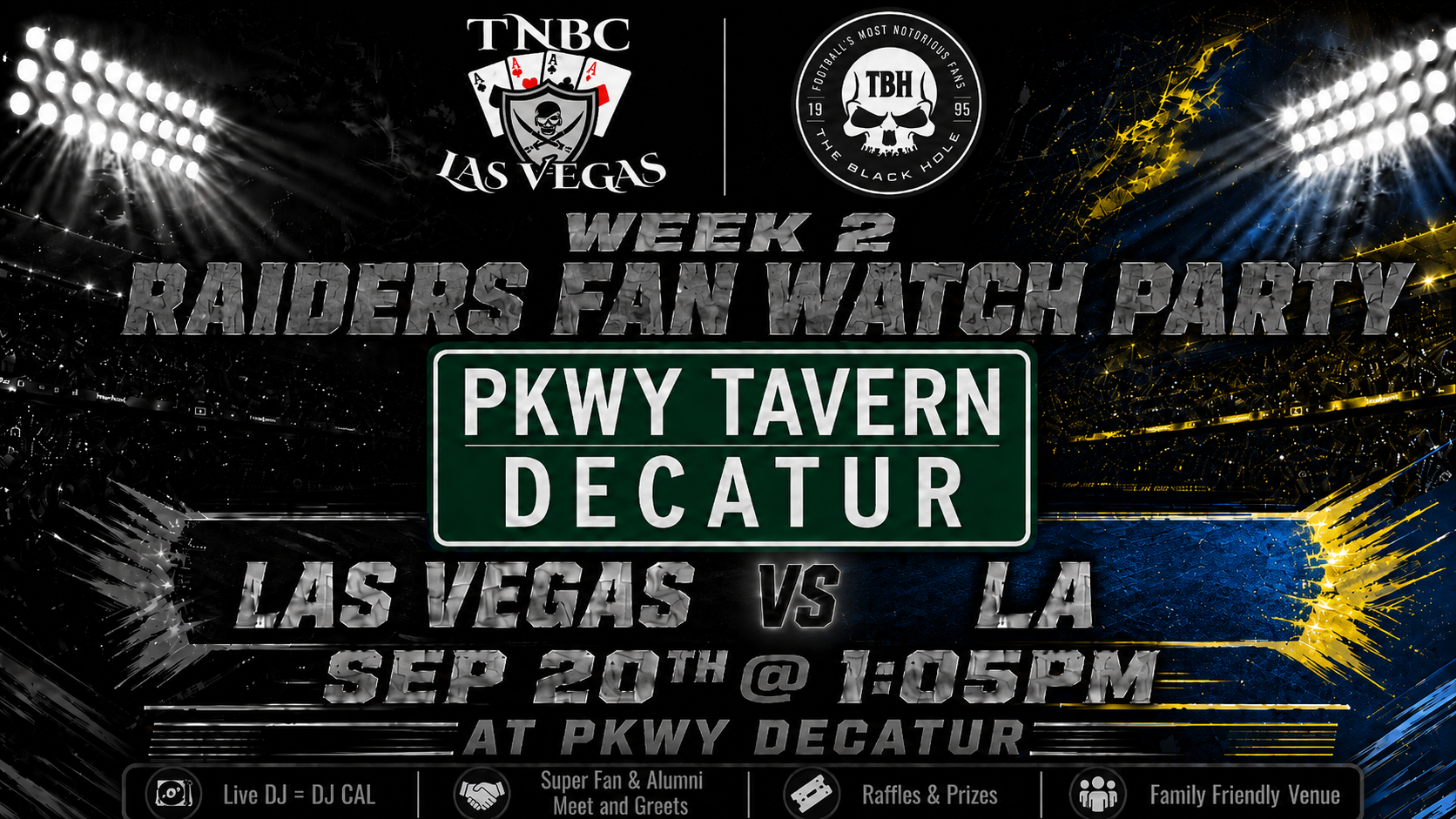 Raiders at Chargers watch party flyer for Sunday September 20 at PKWY Tavern Decatur in Las Vegas