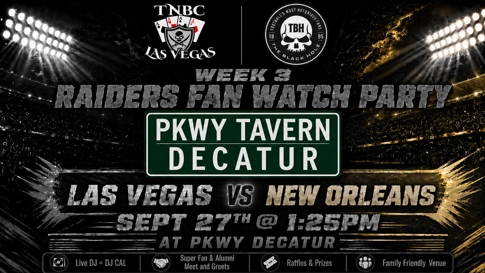 Raiders at Saints watch party flyer for Sunday September 27 at PKWY Tavern Decatur in Las Vegas