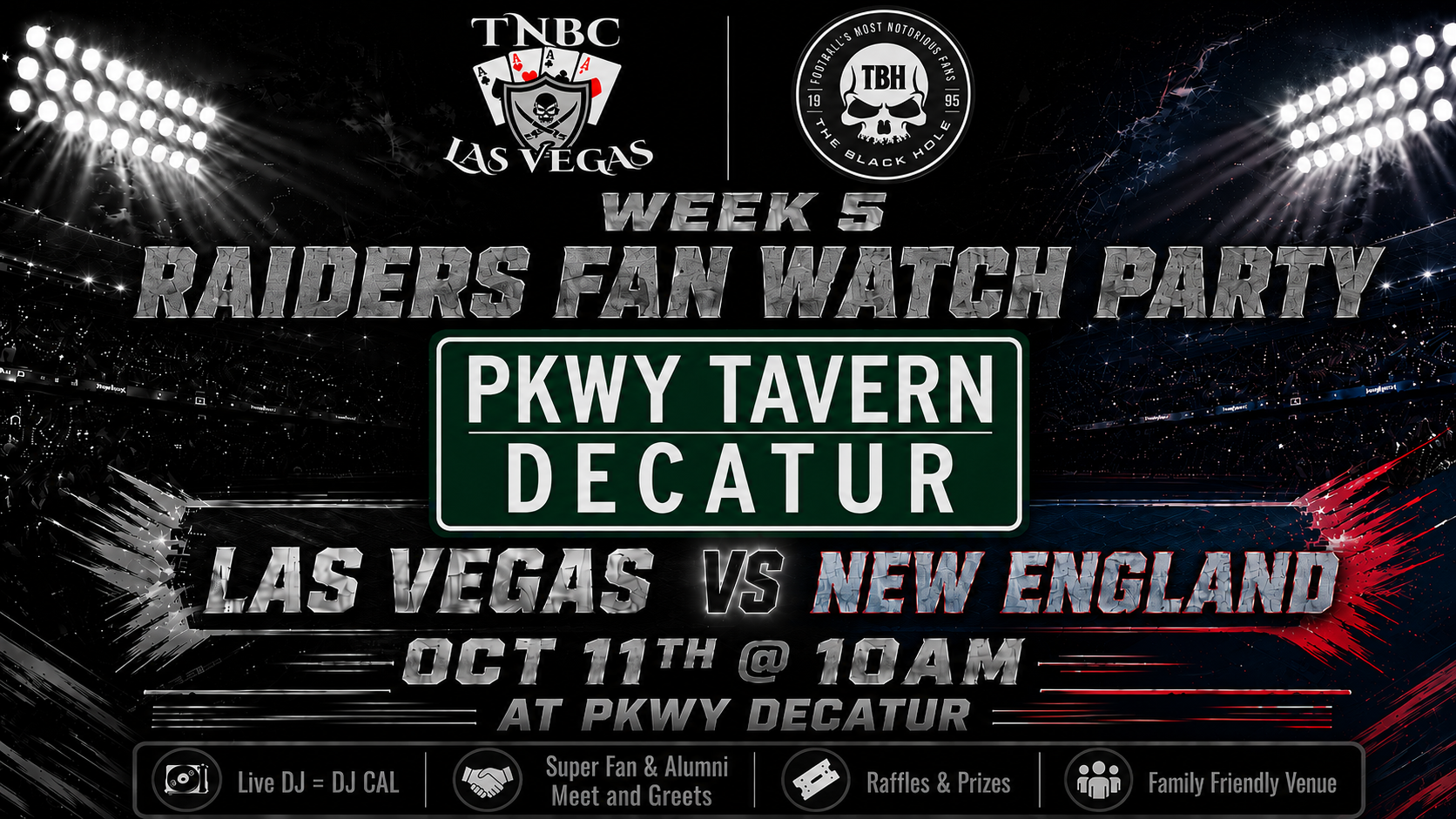 Raiders at Patriots watch party flyer for Sunday October 11 at PKWY Tavern Decatur in Las Vegas