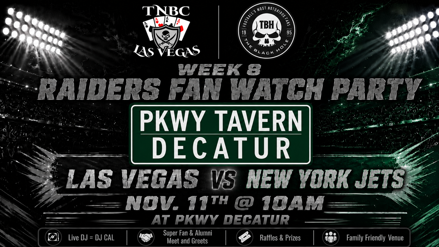 Raiders at Jets watch party flyer for Sunday November 1 at PKWY Tavern Decatur in Las Vegas