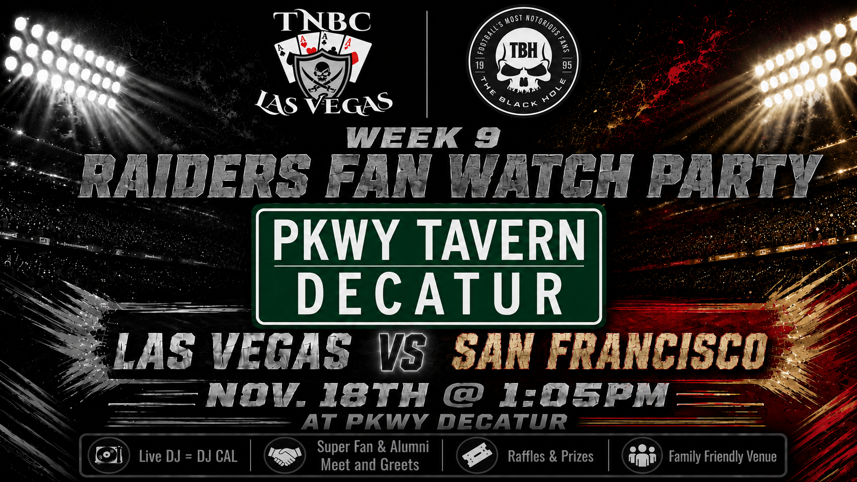 Raiders at 49ers watch party flyer for Sunday November 8 at PKWY Tavern Decatur in Las Vegas