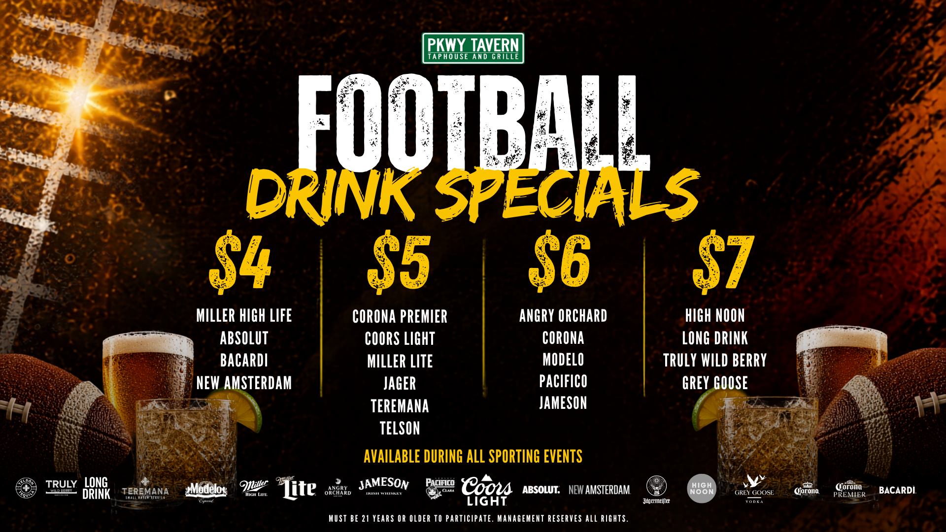 Football Drink Specials at PKWY Tavern Las Vegas -- $4 to $7 drinks available during all sporting events