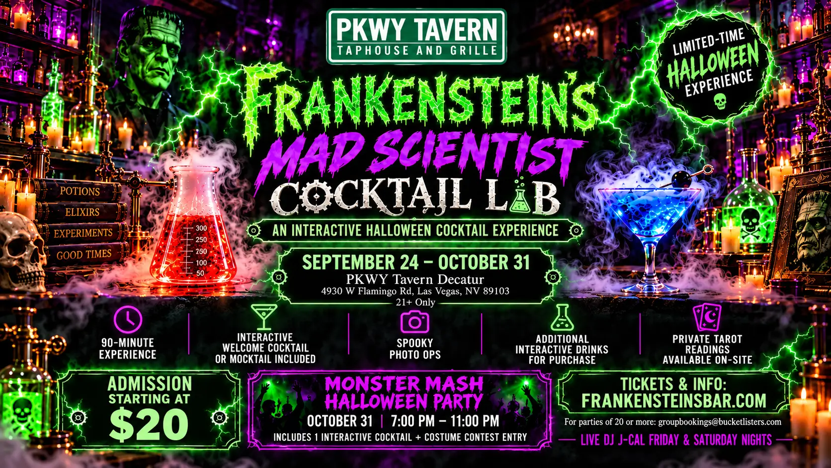 Frankenstein's Mad Scientist Cocktail Lab Halloween experience flyer for PKWY Tavern Decatur, glowing green and purple potions on a candlelit bar